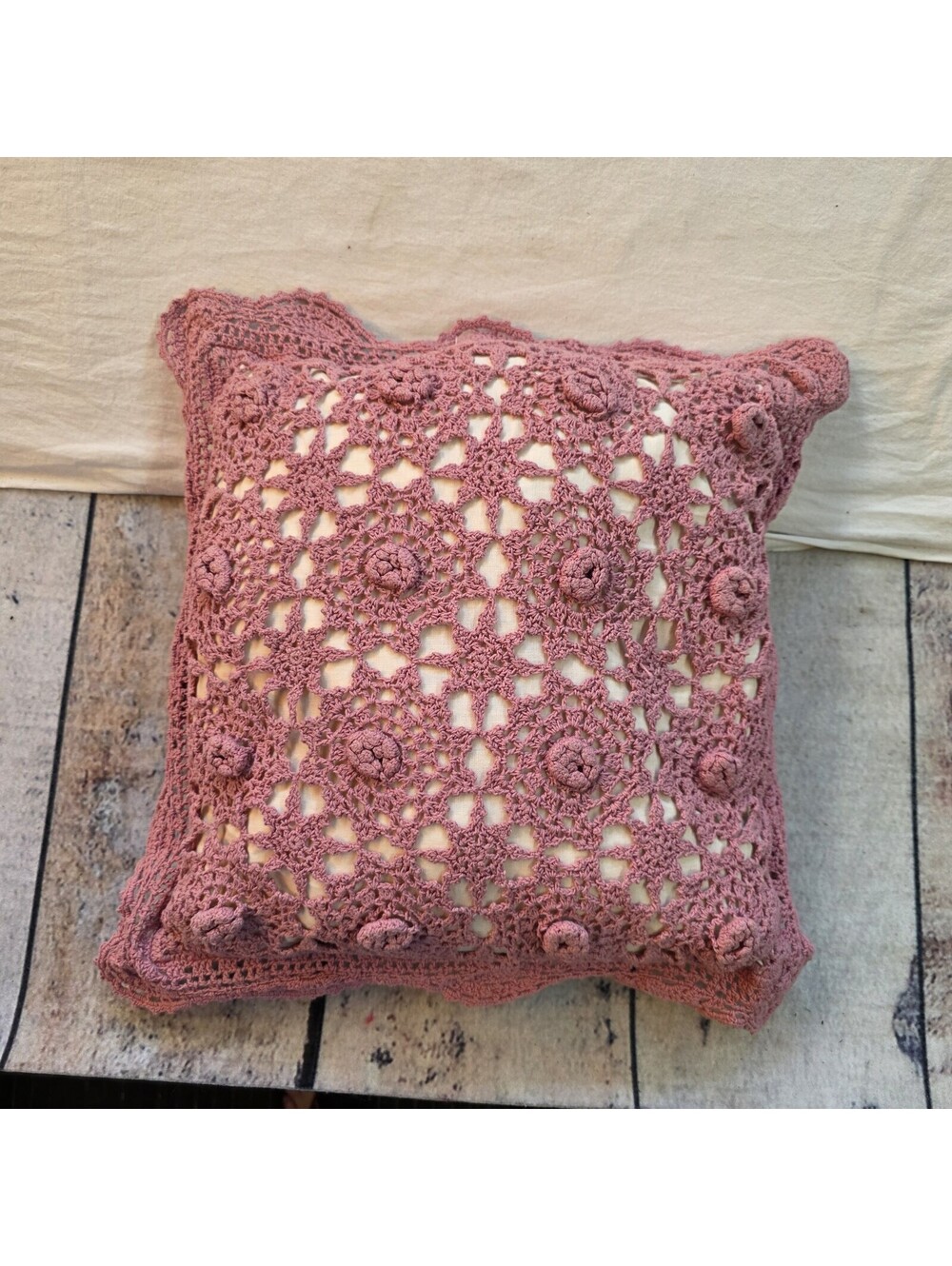 Vtg Decorative Crochet Thread Pink Rose Throw Pillow Grannycore